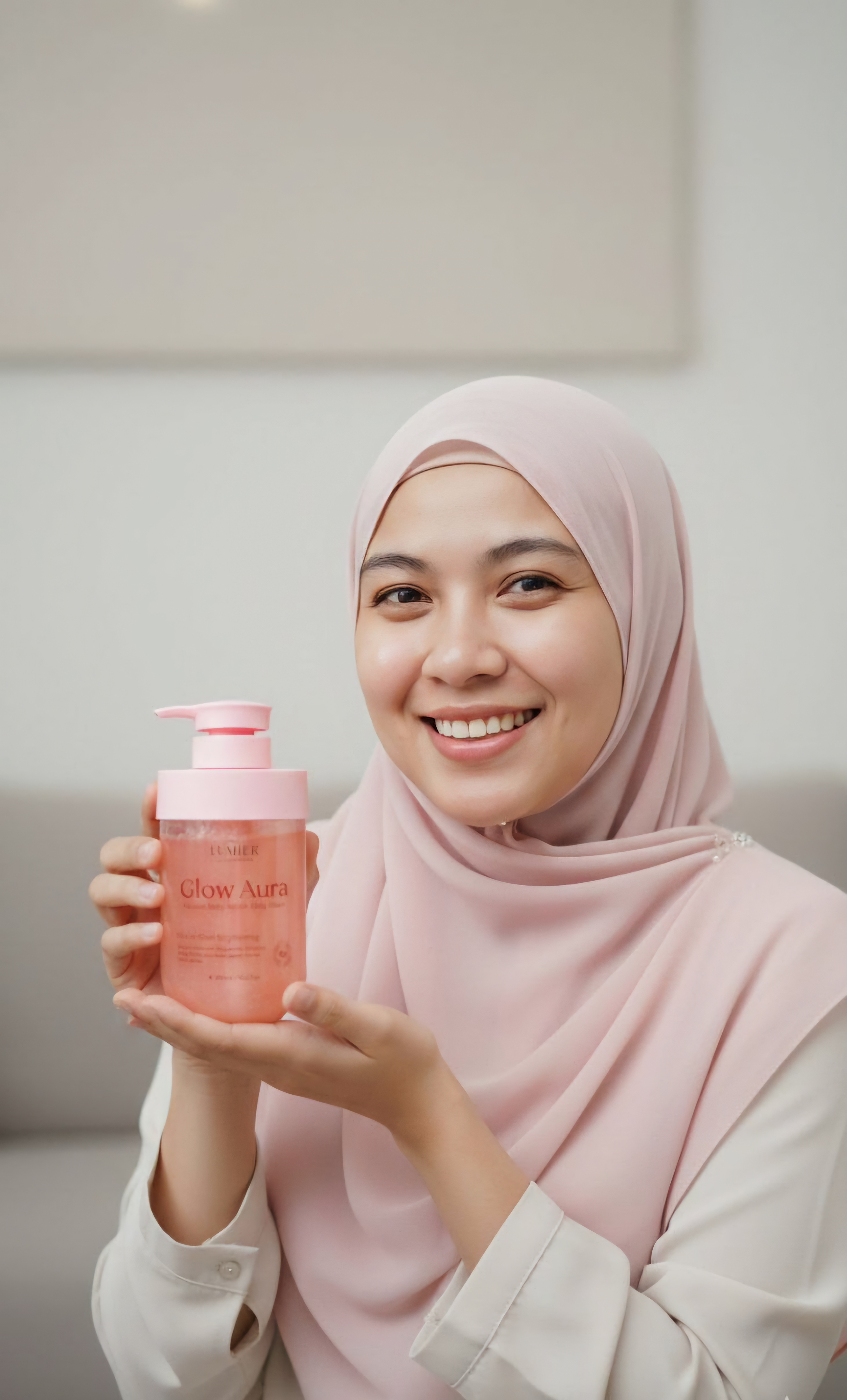 Wanita tersenyum memegang produk Lumier Glow Aura