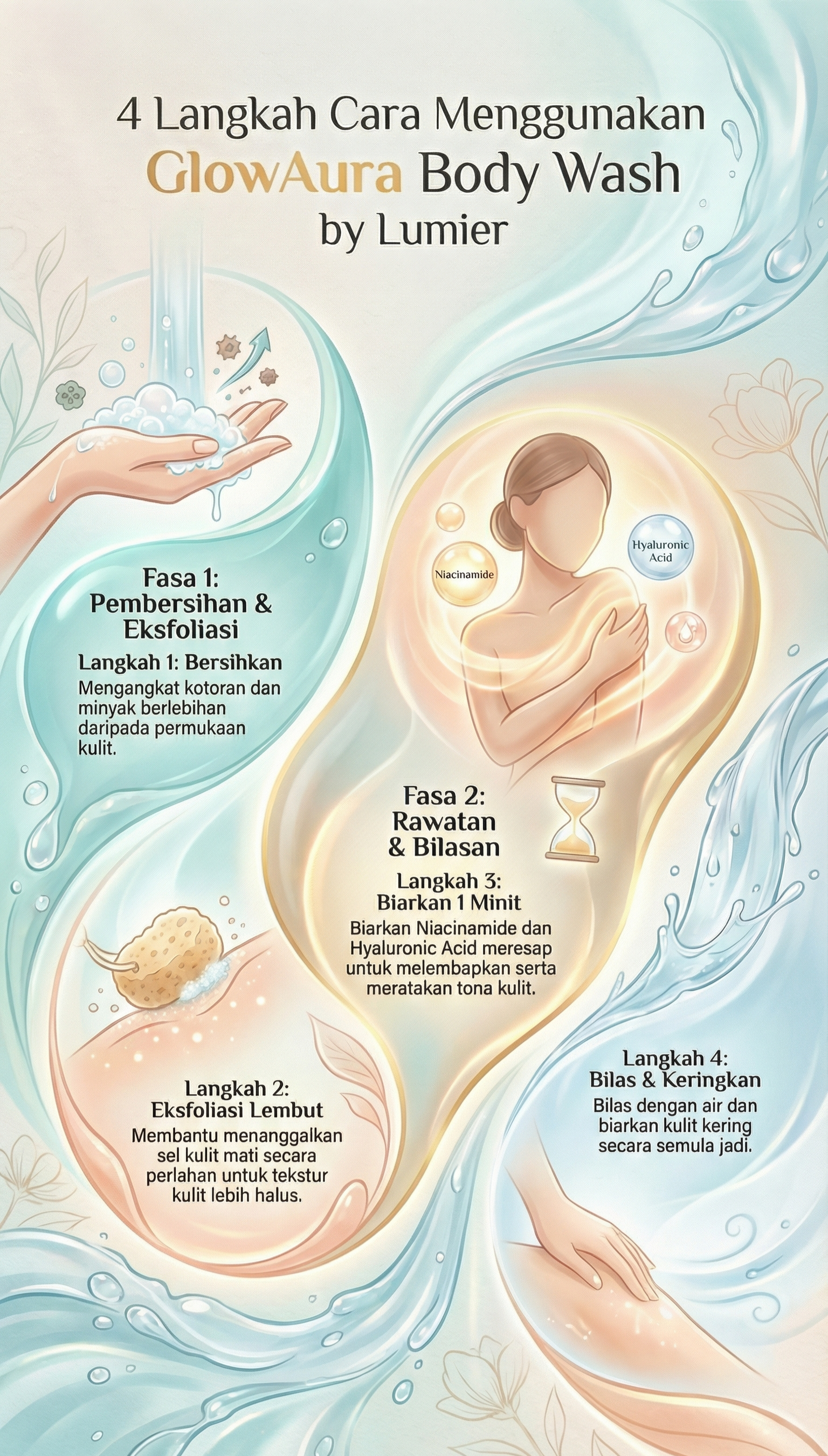 Infografik 4 Langkah Cara Menggunakan Glow Aura Body Wash